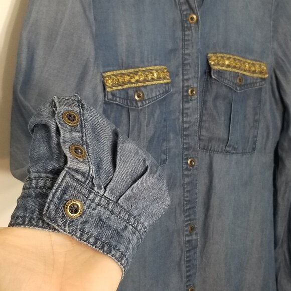 Max Jeans Blue Chambray Lightweight  Long Sleeve Button Down Shirt Dress Size XS - Picture 7 of 13